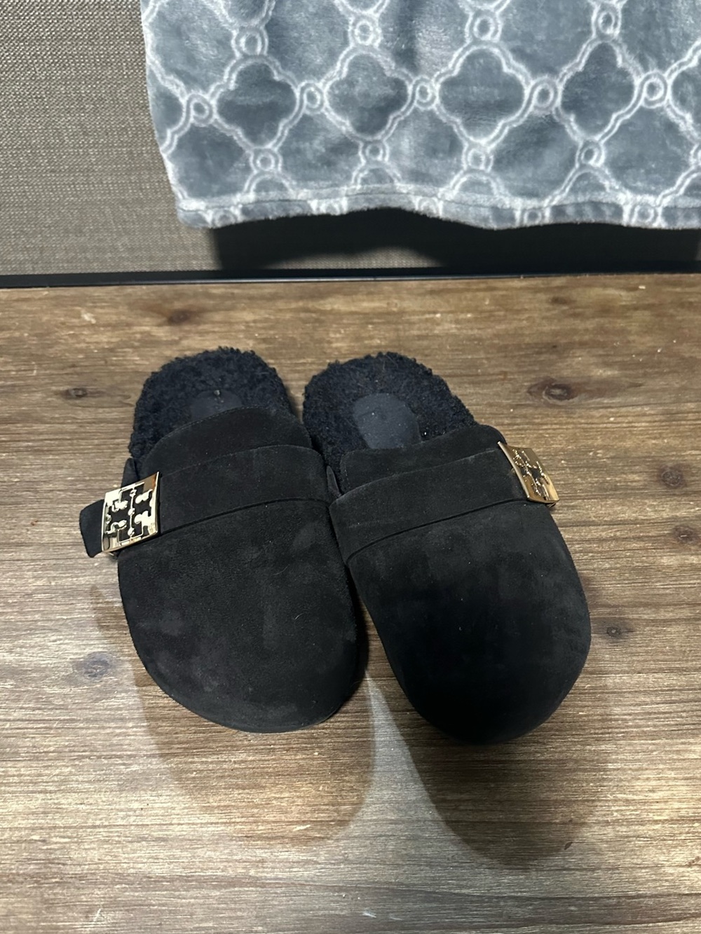 Tory Burch Black Suede Shearling-Lined Slip-On Clogs with Gold-Tone Logo Buckle